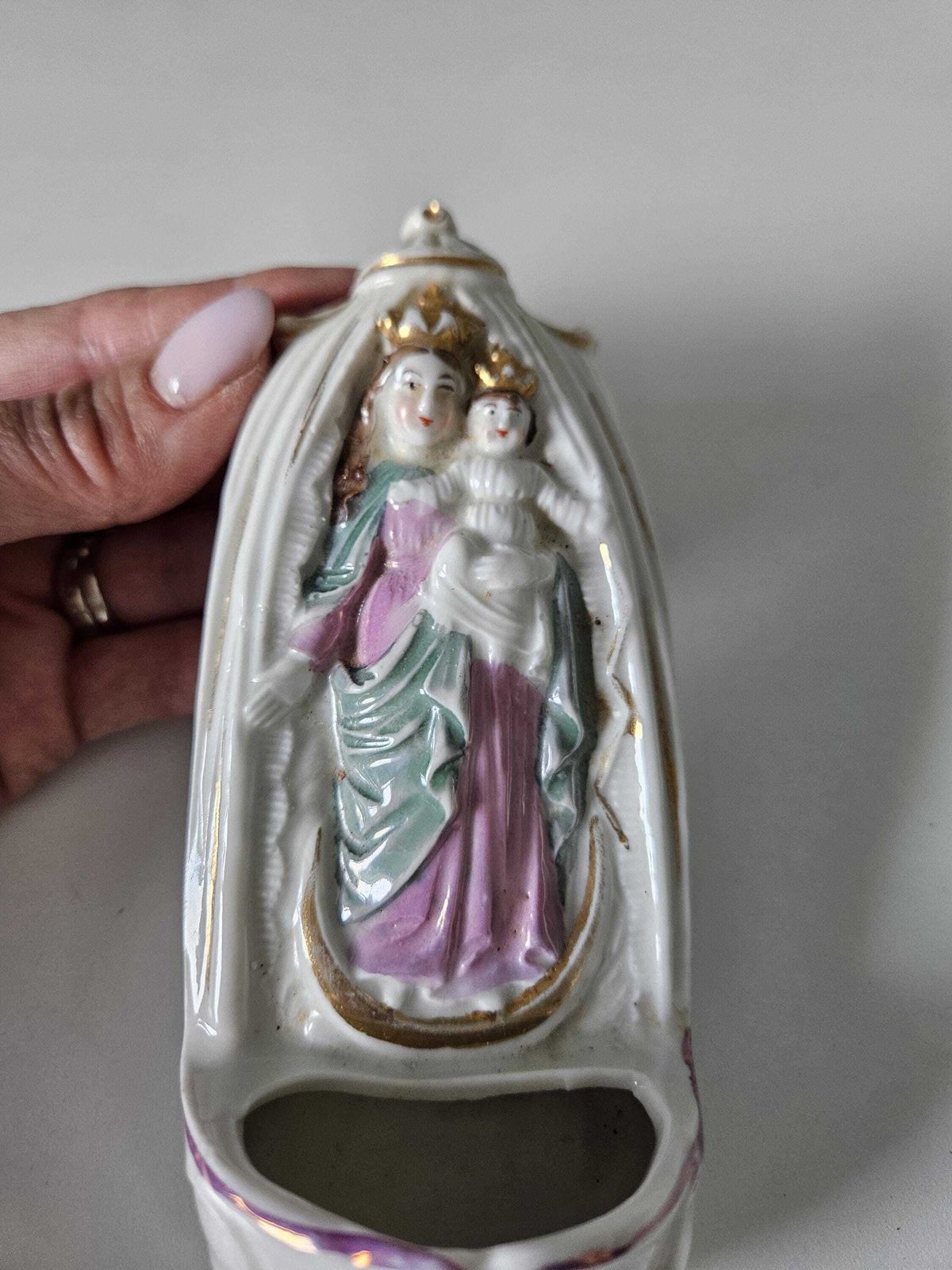 Art Antique Holy Water Font | Porcelain Wall Stoup | Virgin Mary And Child | Religious Home Decor photo
