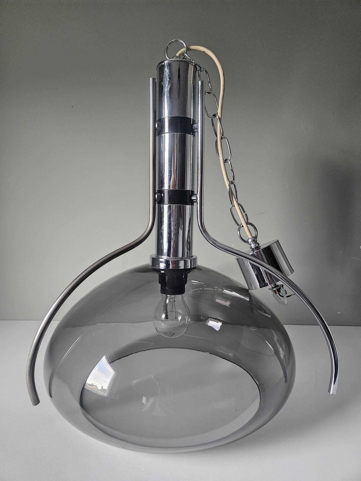 Mid Century Modern Smoked Glass Pendant Light Chrome Hanging Lamp photo Lighting
