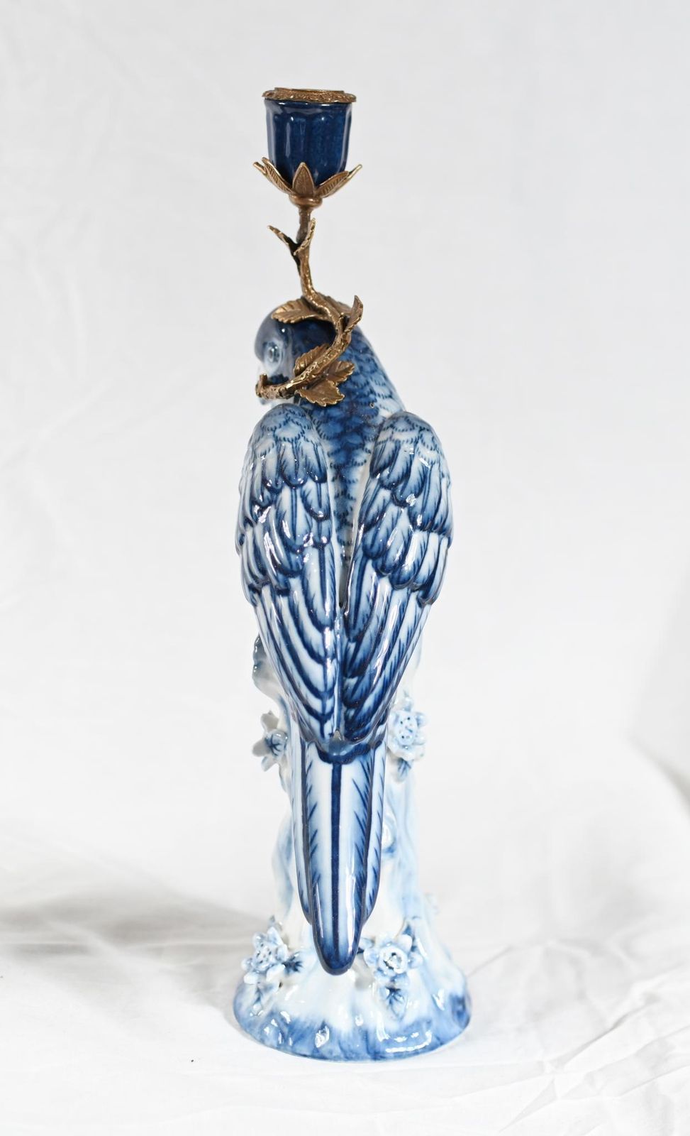 French Porcelain Parrot Candlesticks Blue And White Gilt Mounts photo furniture