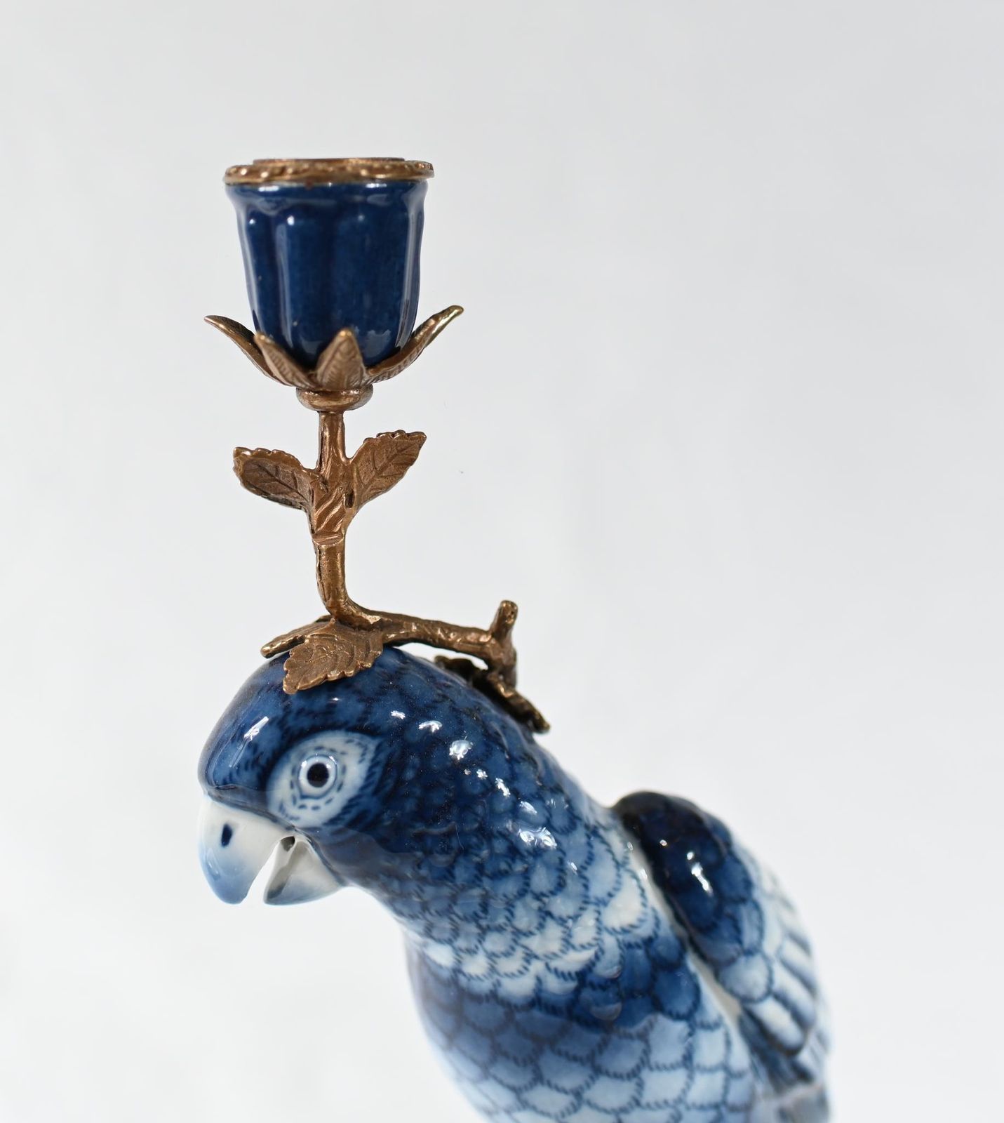 French Porcelain Parrot Candlesticks Blue And White Gilt Mounts photo buy