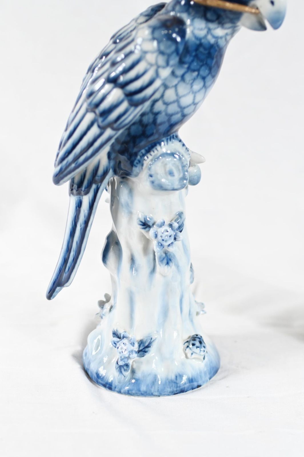 photo for sale French Porcelain Parrot Candlesticks Blue And White Gilt Mounts