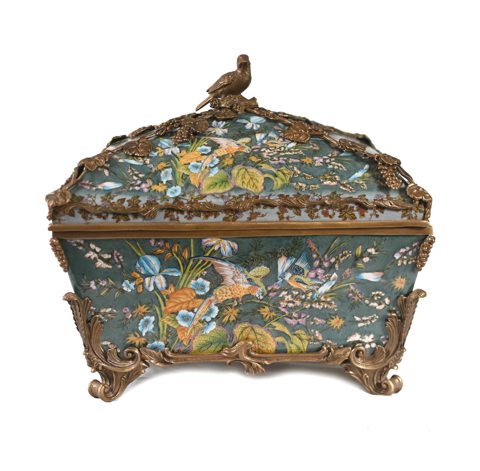 French Porcelain Casket Floral Jewellery Box Sarcophagus Form