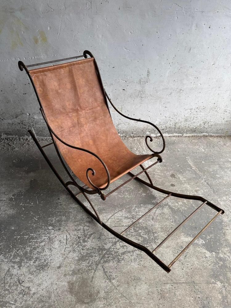 Furniture Antique Metal Rocking Chair With Leather Seat photo