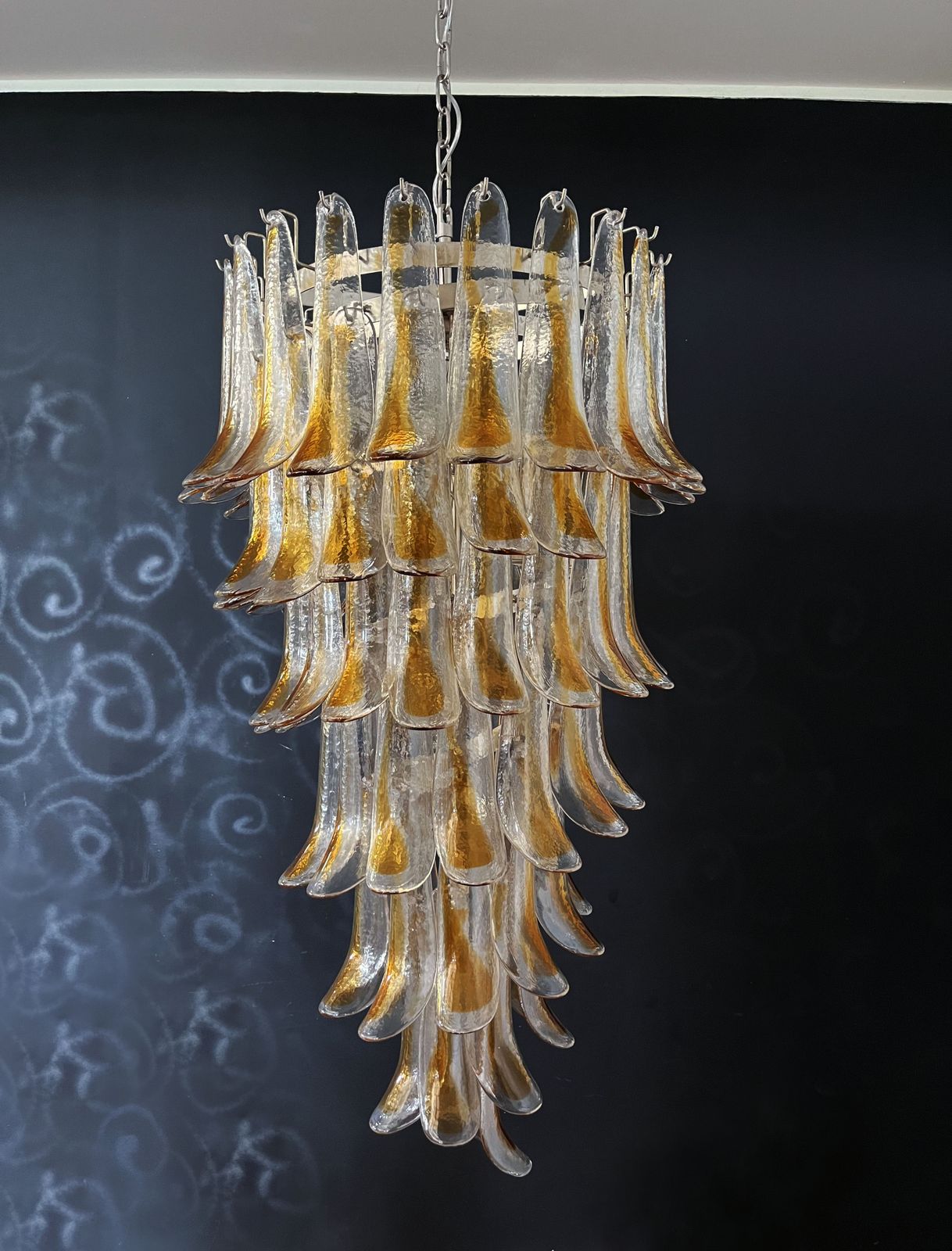 Huge Italian Murano Glass Spiral Chandelier   83 Amber And Clear Glass Petals