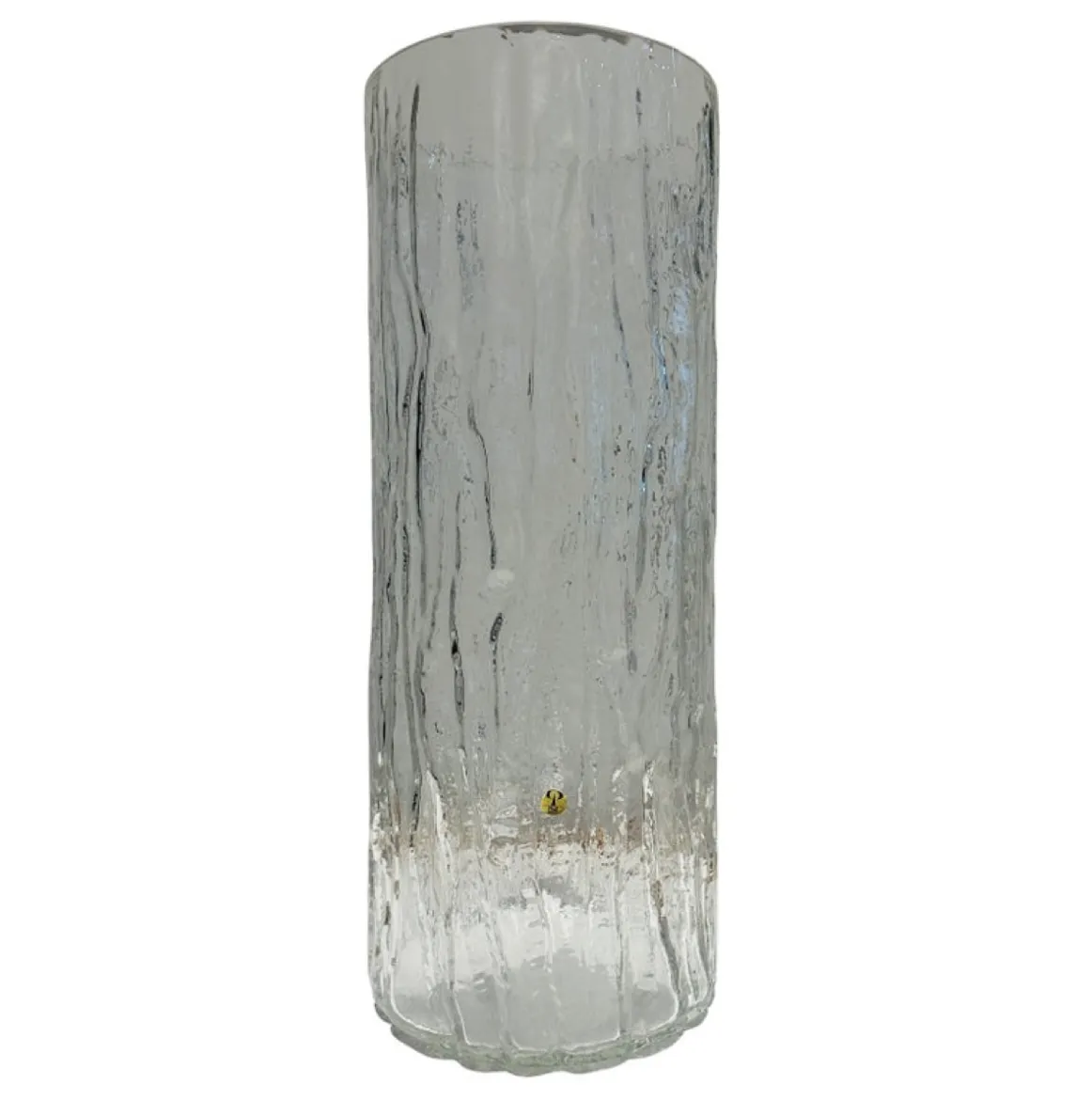Large 1970s German Peill & Putzler "Bark Or Iced" Clear Glass Cylindrical Vase