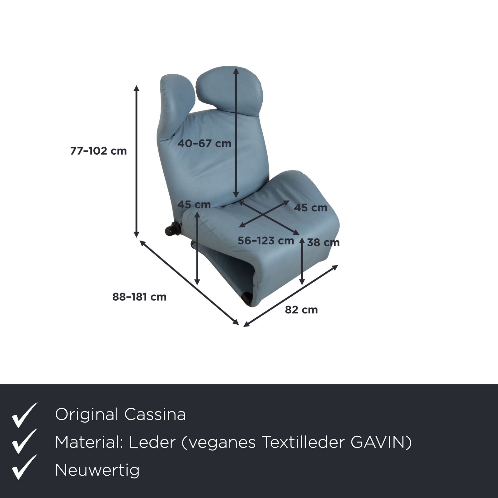 Cassina Wink Fauteuil, Veganistisch Leer, Blauwgrijs, Handmatige Functie, Opnieuw Bekleed photo furniture