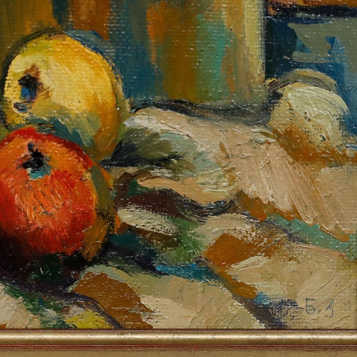 Framed Mid 20th Century Oil Still Life With Wine And Apples photo vinterior