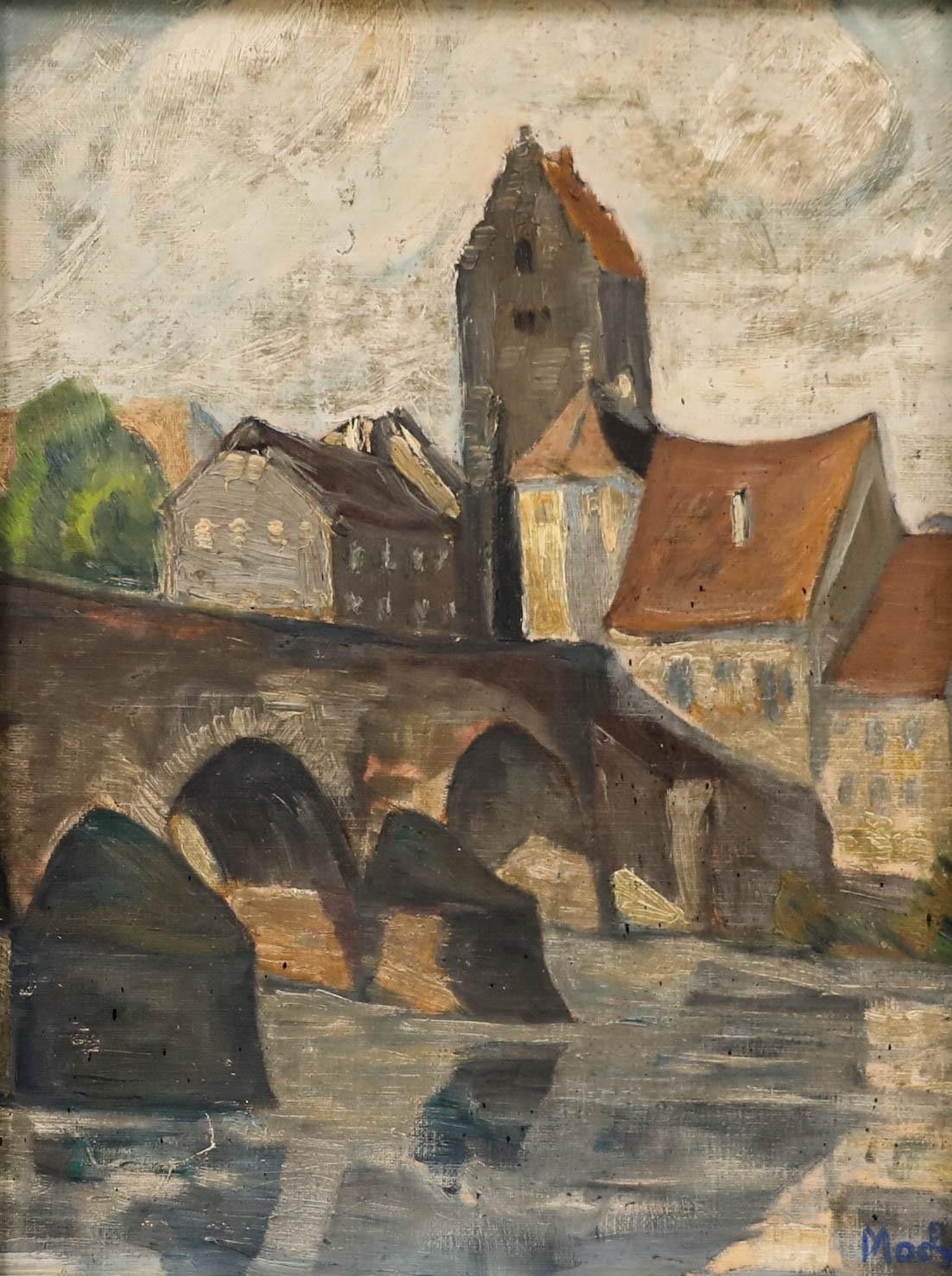 Early 20th Century Oil Old Town Bridge photo furniture