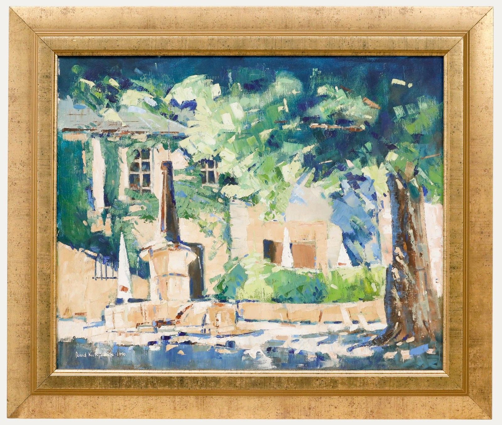 David Kirkpatrick Framed Contemporary Oil, Château View With Stone Fountain