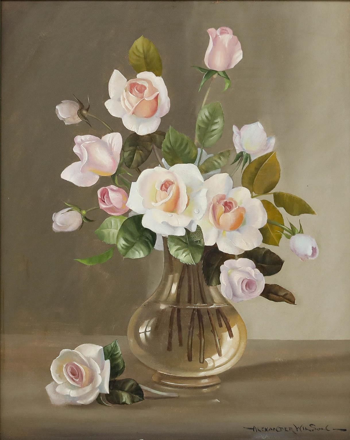 Alexander Wilson Framed Mid 20th Century Oil, Vase Of Roses photo furniture
