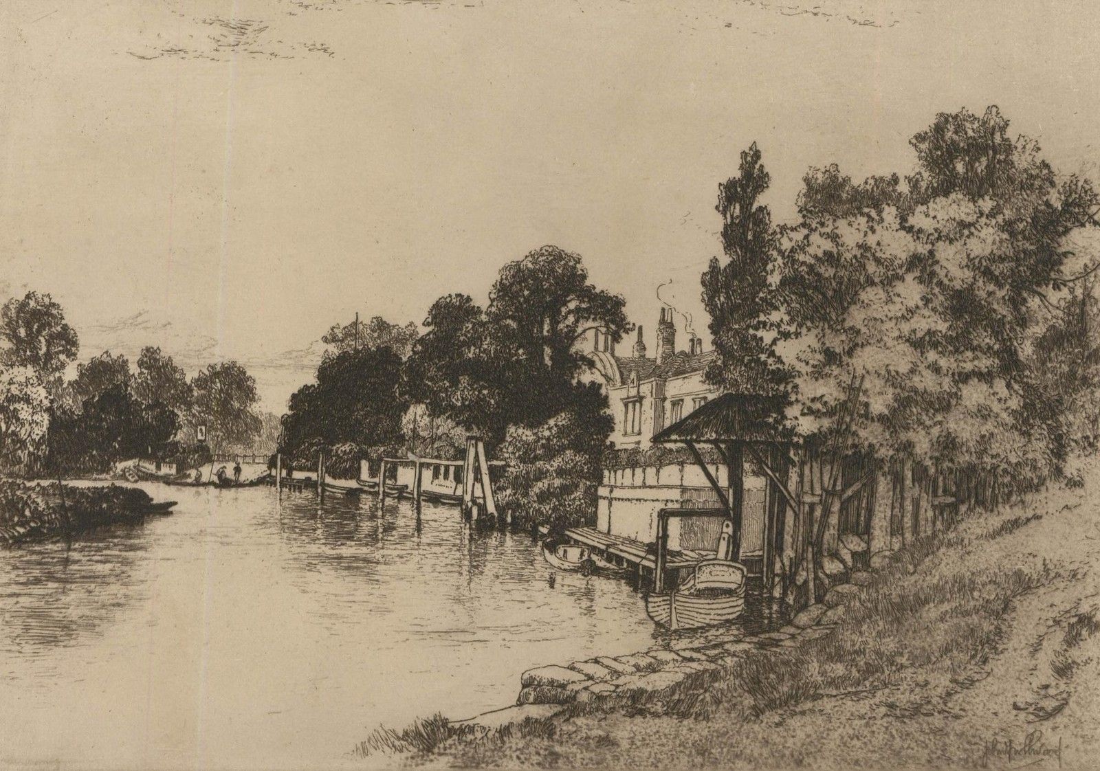 John Fullwood Rba (1854 1931) Early 20th Century Etching, Halliford Bend photo furniture