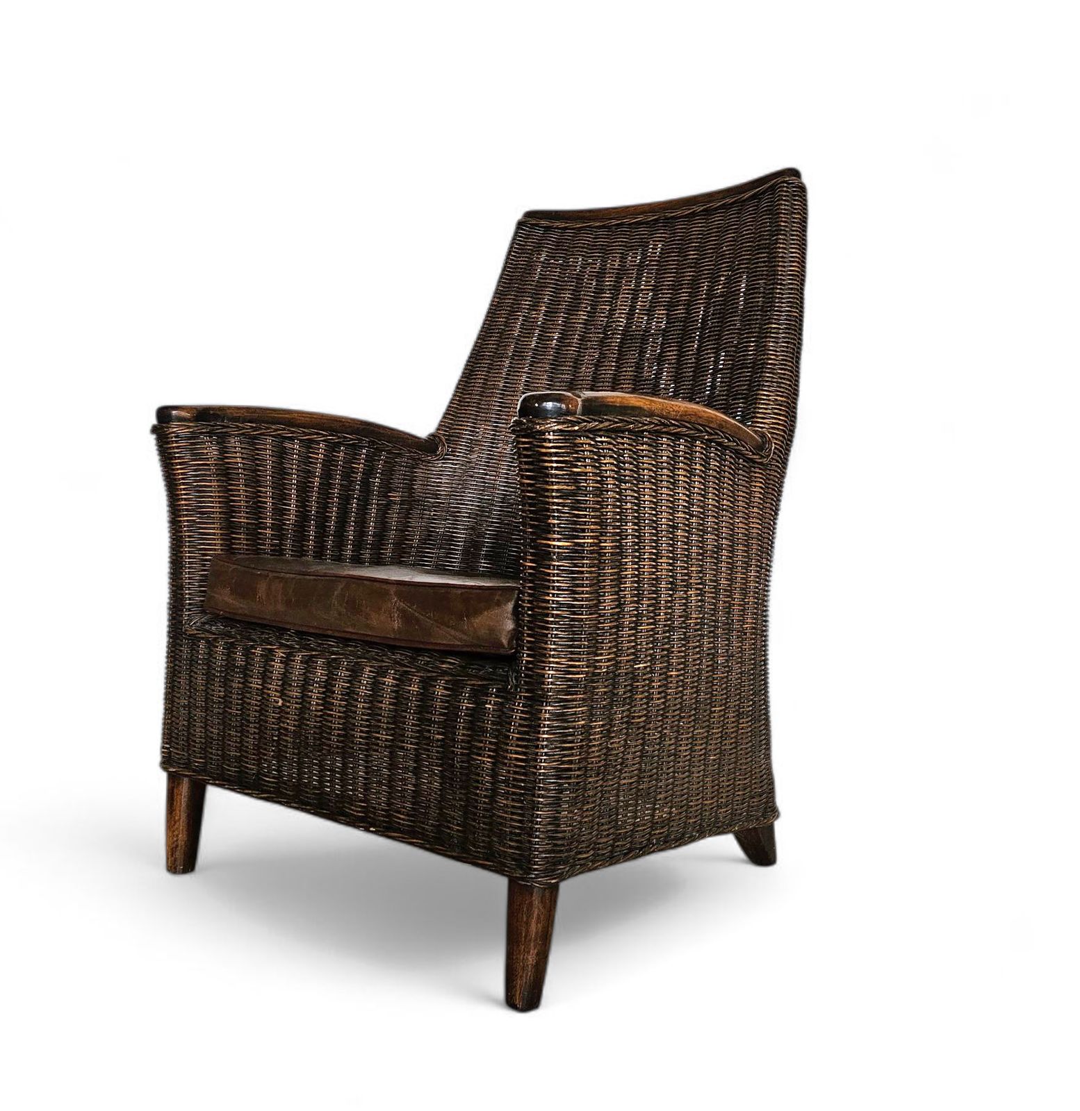 Rattan Arm Chair 1960s / Wooden Armrests / Leather Seat