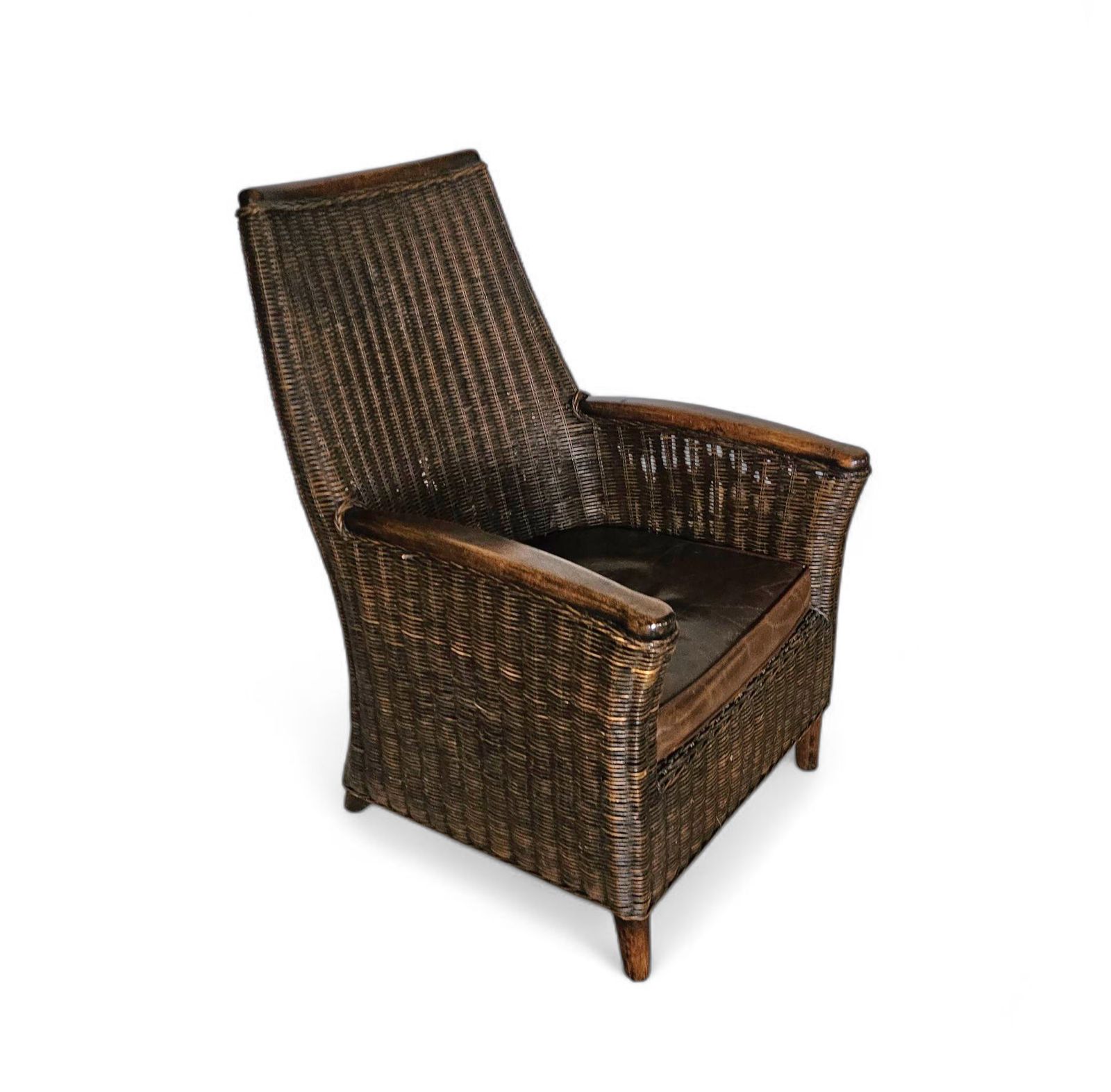 photo furniture Rattan Arm Chair 1960s / Wooden Armrests / Leather Seat