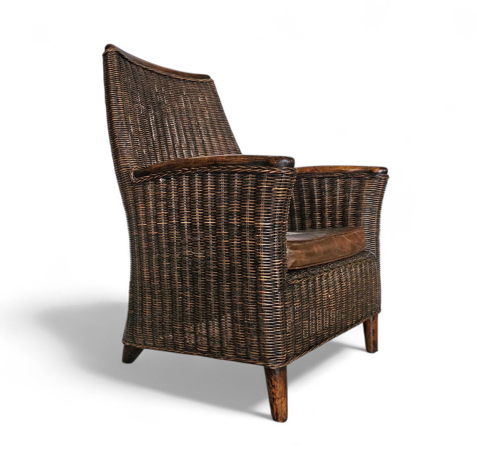 photo for sale Rattan Arm Chair 1960s / Wooden Armrests / Leather Seat