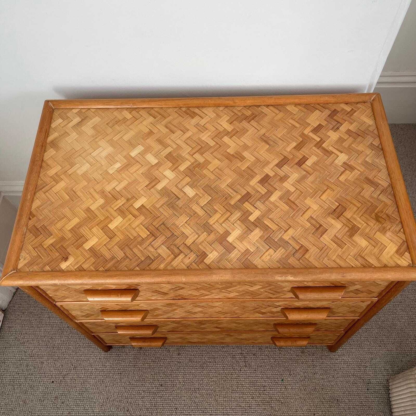 photo for sale Mid Century Rattan Cane Chest Of Drawers With Lattice Cane Finish