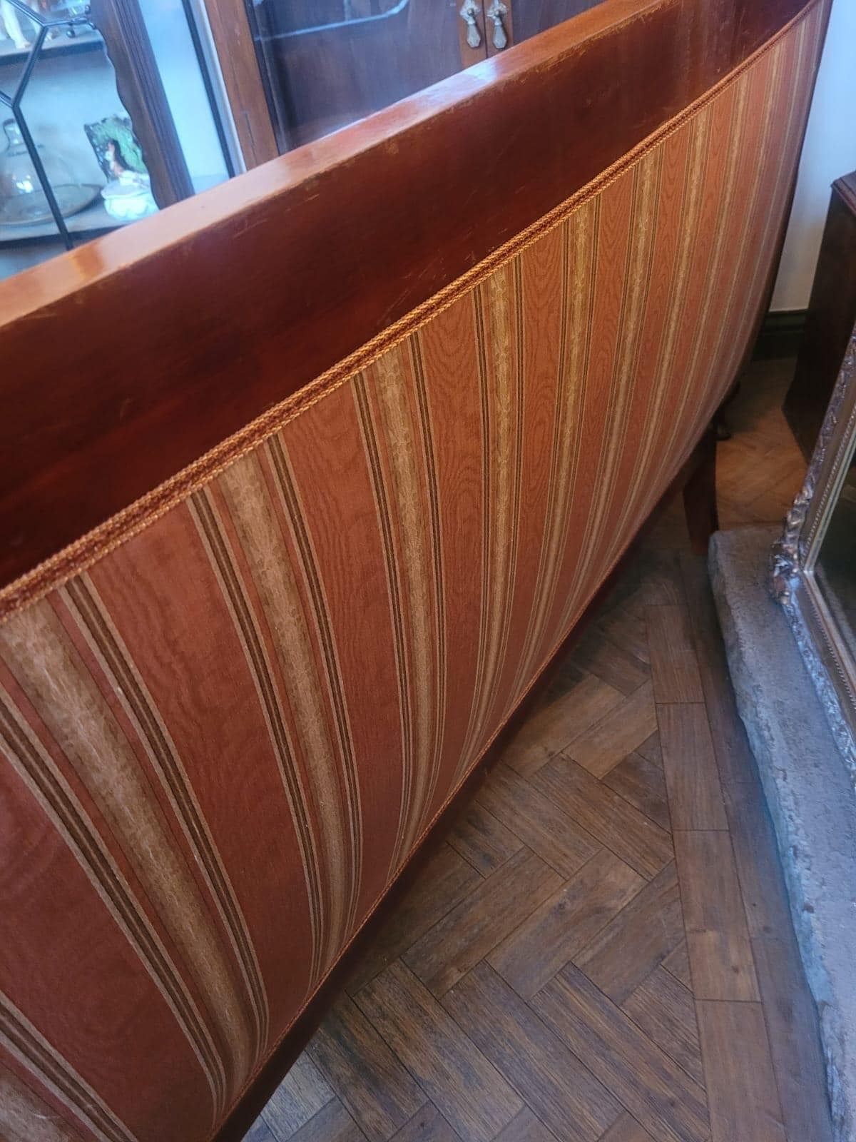 Vintage Egyptian Style 3 Seater Sofa In Candy Stripe Upholstery, Carved Detailing With Gold Embellishments photo for sale