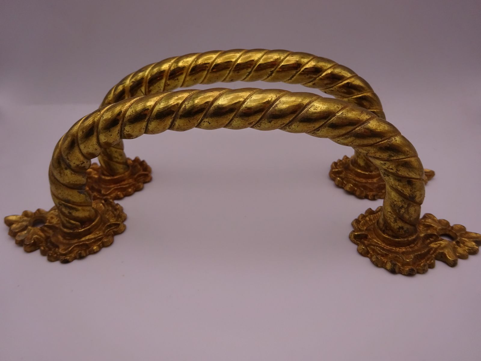 Pair Of Reclaimed Antique Brass Door Pulls, Rope Twist Handle And Leaf Backplate photo buy
