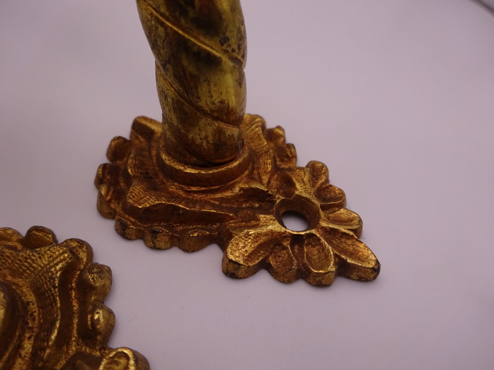 photo for sale Pair Of Reclaimed Antique Brass Door Pulls, Rope Twist Handle And Leaf Backplate