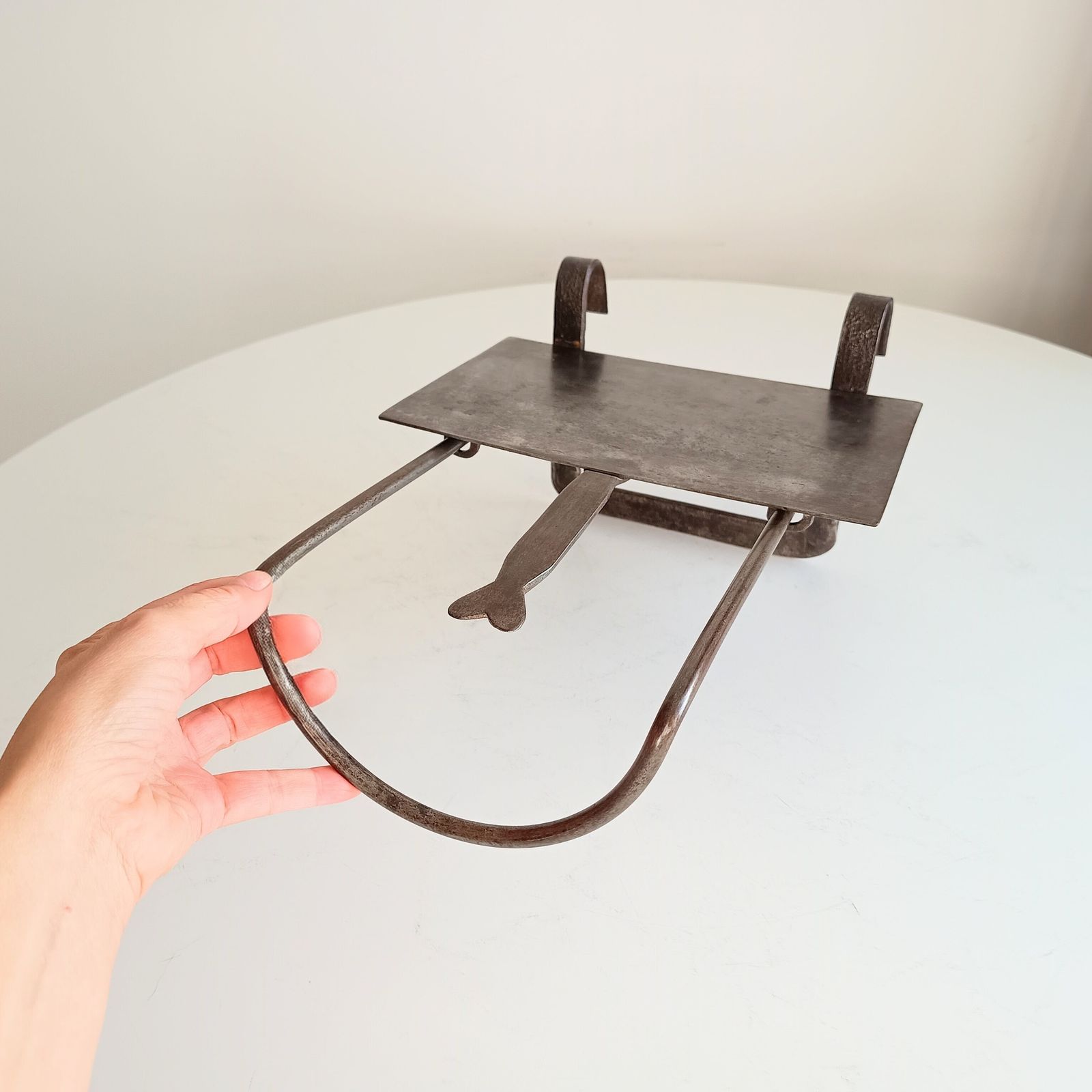 Arts & Crafts Cotswolds Hand Forged Riveted Hearth Trivet Cooking Stand, Sliding Plate Heart Shaped Finial photo furniture