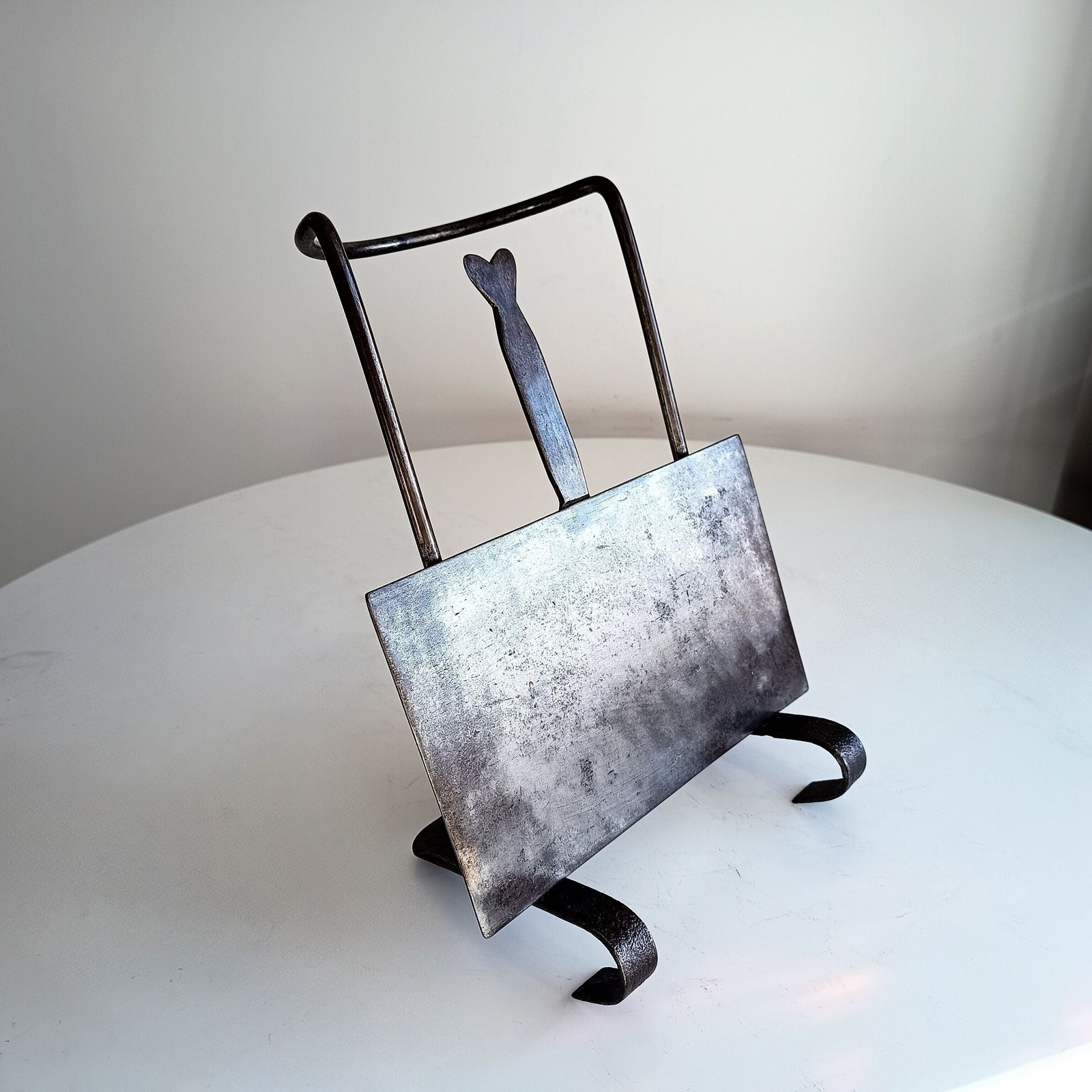photo for sale Arts & Crafts Cotswolds Hand Forged Riveted Hearth Trivet Cooking Stand, Sliding Plate Heart Shaped Finial
