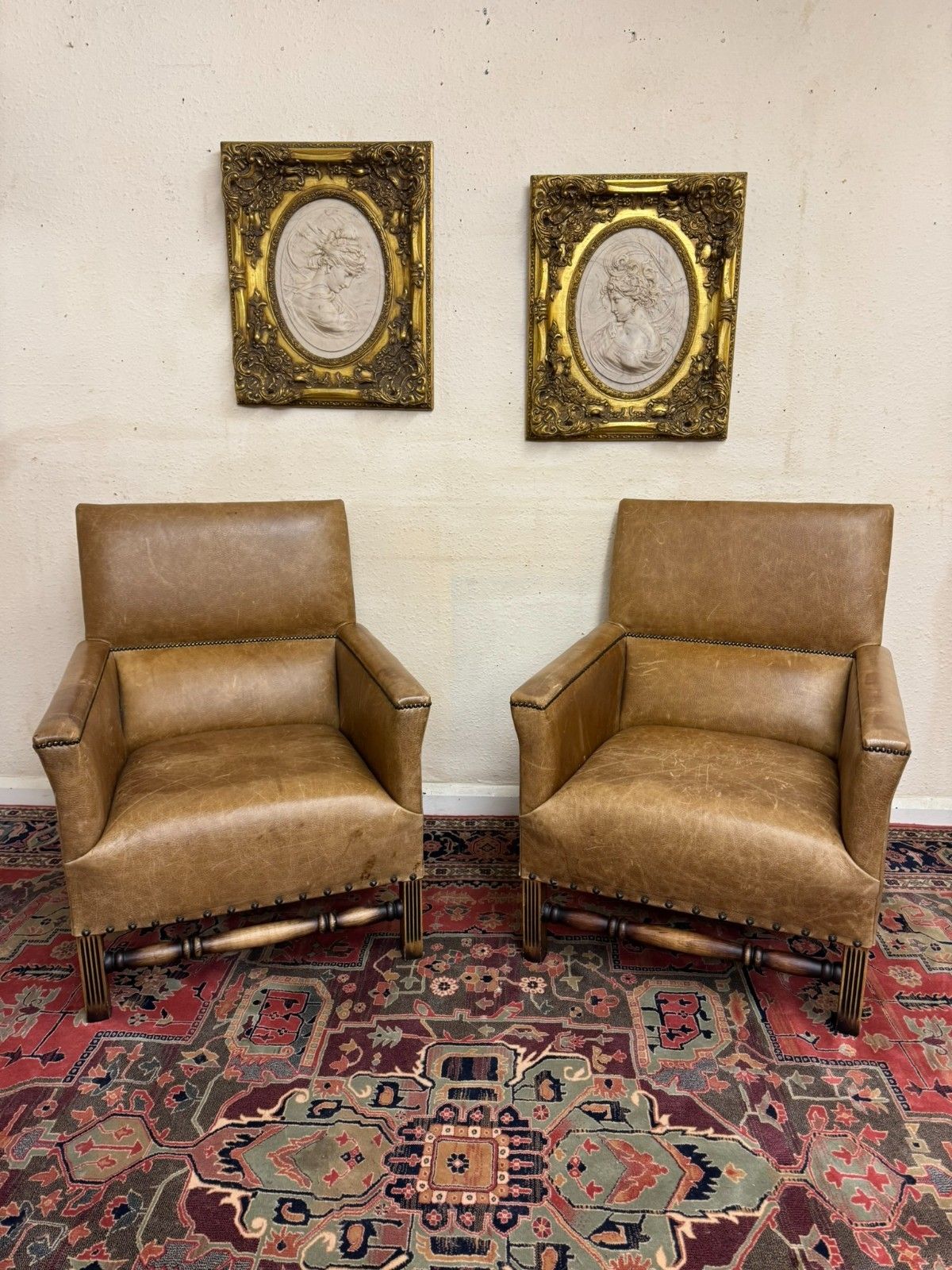 Stunning Pair Of Oak Framed Leather Upholstered Armchairs photo furniture