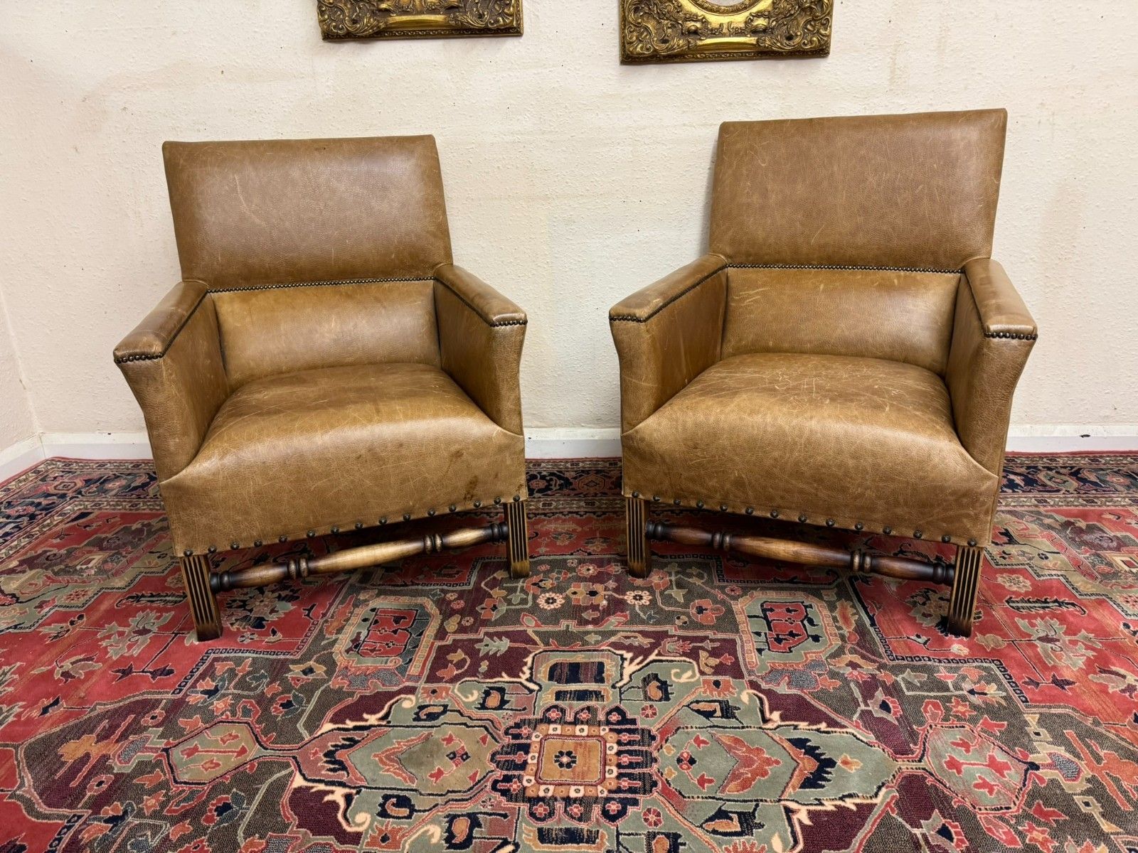 Stunning Pair Of Oak Framed Leather Upholstered Armchairs photo for sale