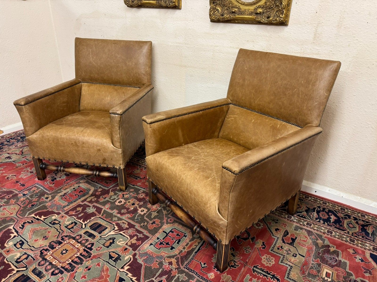 Stunning Pair Of Oak Framed Leather Upholstered Armchairs photo Furniture
