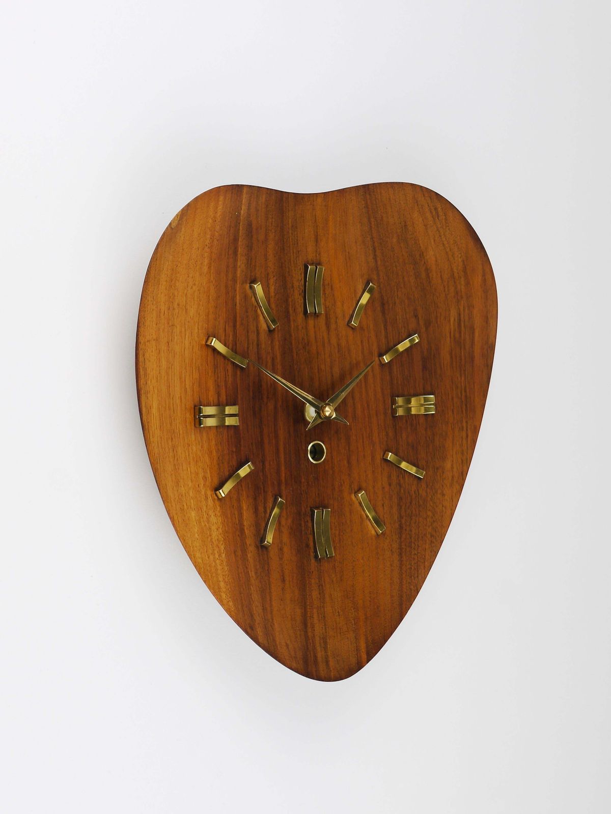Organic Scandinavian Modern Mid Century Wall Clock, Teak & Brass, 1950s photo 508.0