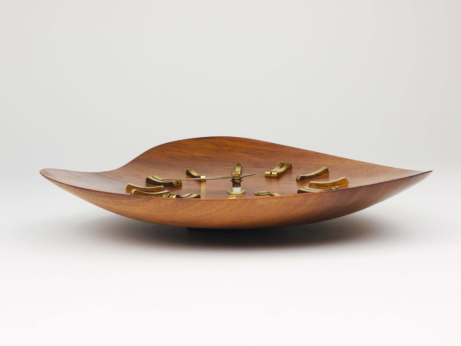 Organic Scandinavian Modern Mid Century Wall Clock, Teak & Brass, 1950s photo vintage