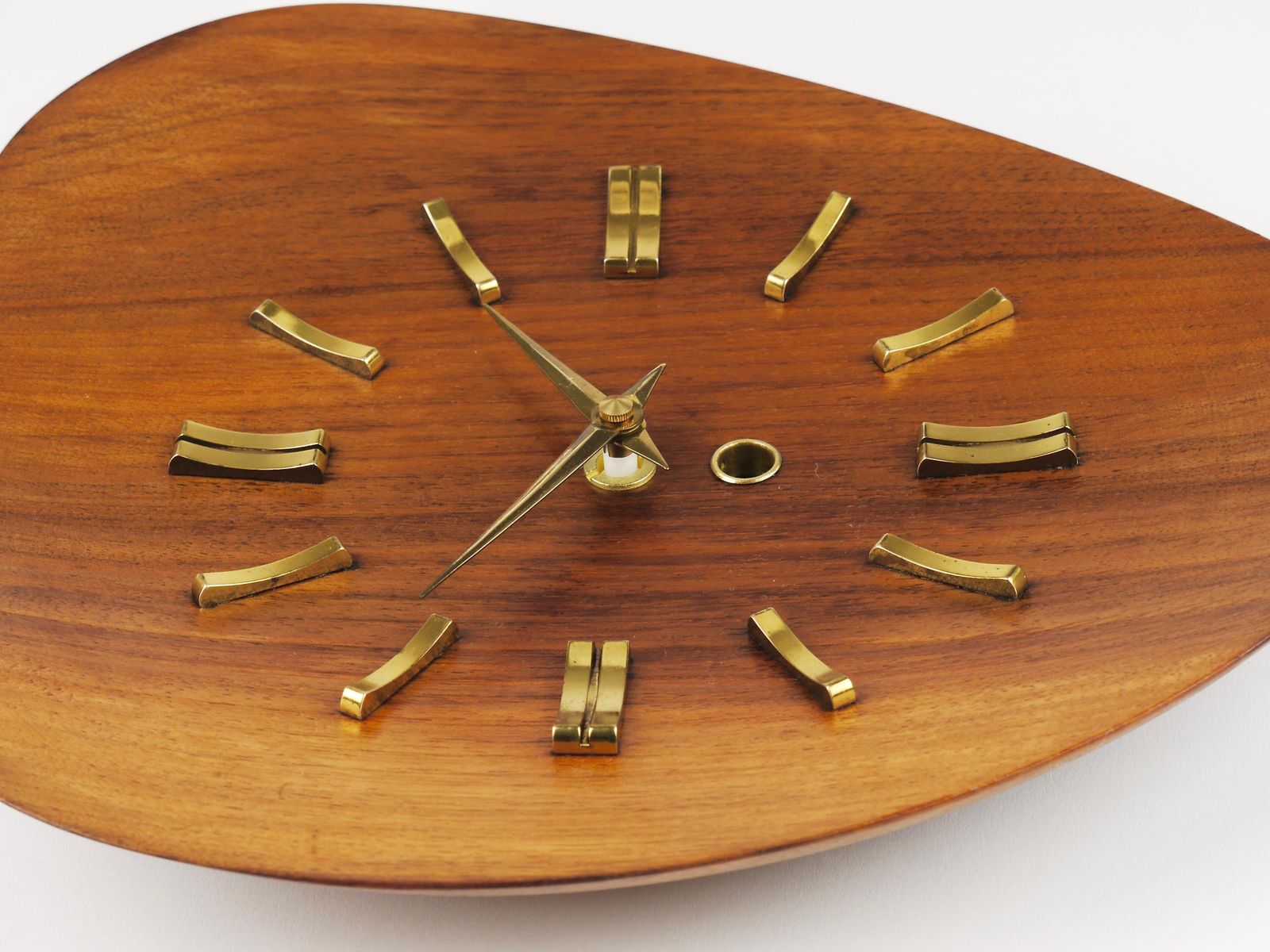 photo for sale Organic Scandinavian Modern Mid Century Wall Clock, Teak & Brass, 1950s