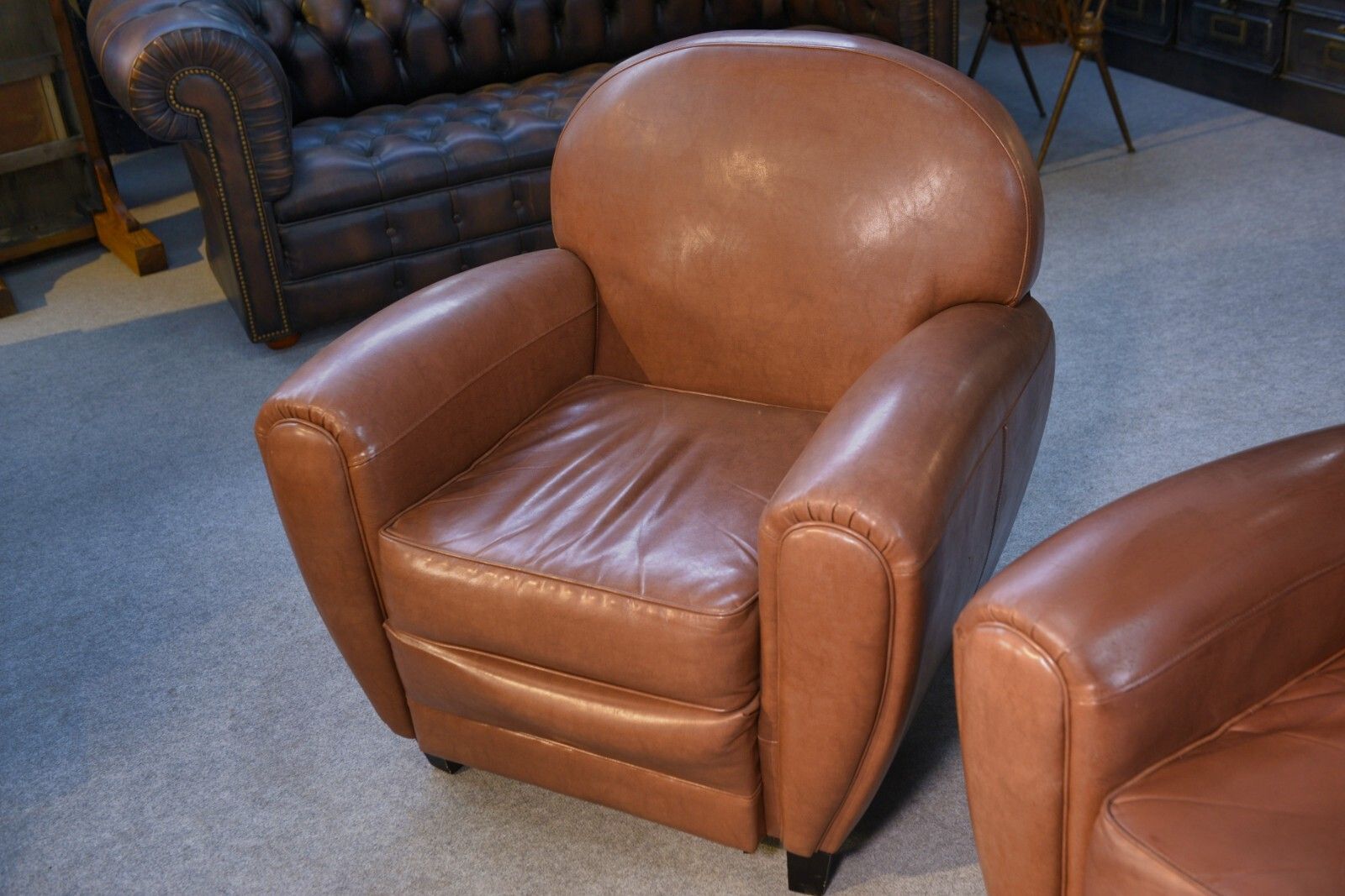 1980's Camel Faux Leather Club Sofa Set 2 Seater And 2 Armchairs photo for sale