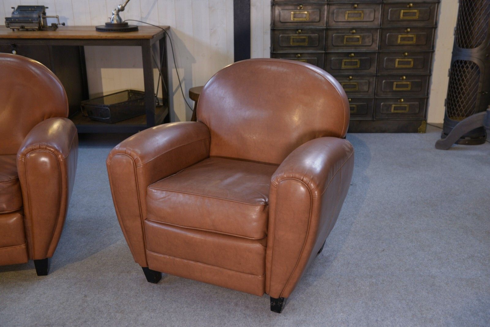 1980's Camel Faux Leather Club Sofa Set 2 Seater And 2 Armchairs photo 883.0