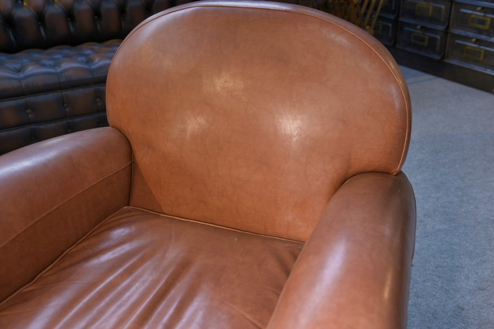 1980's Camel Faux Leather Club Sofa Set 2 Seater And 2 Armchairs photo vintage