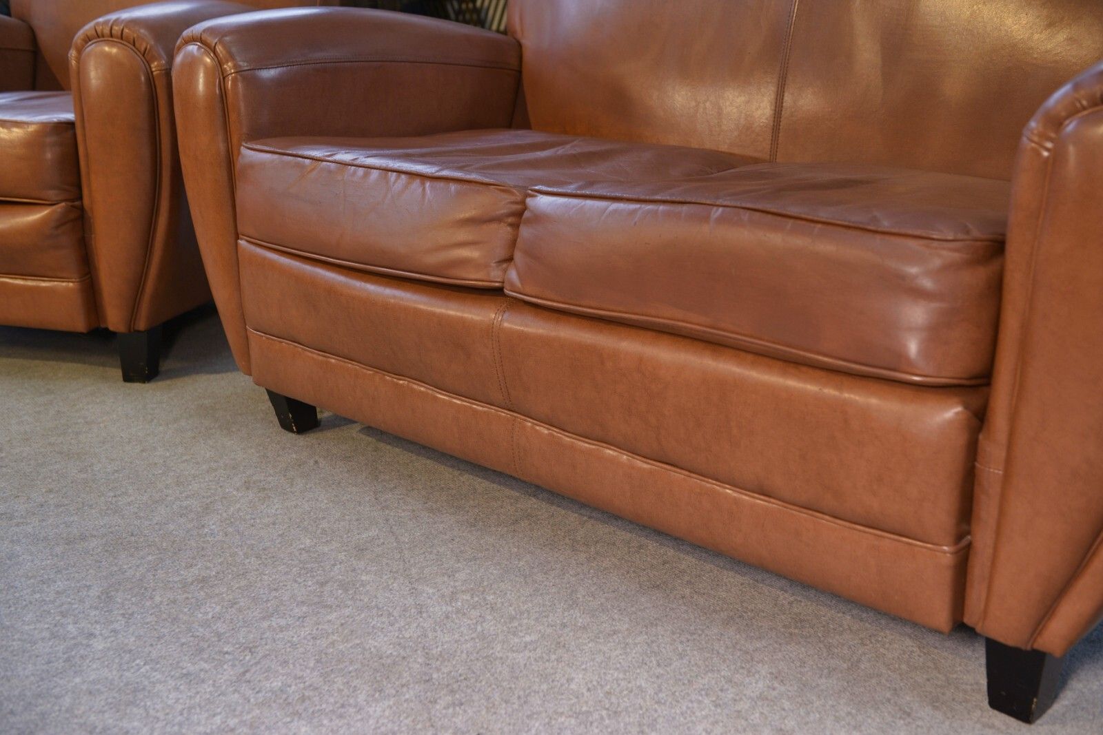 883.0 1980's Camel Faux Leather Club Sofa Set 2 Seater And 2 Armchairs photo