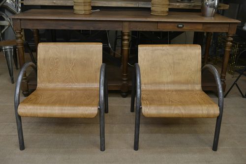 Pair Of Vintage Design Armchairs Metal And Wood 1950 photo for sale