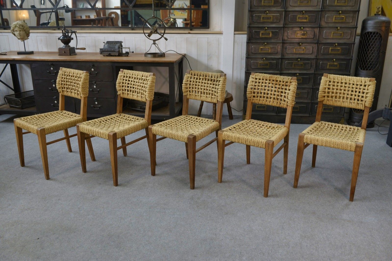 Set Of 6 Woven Rope Chairs By Adrien Audoux & Frida Minet 1940's