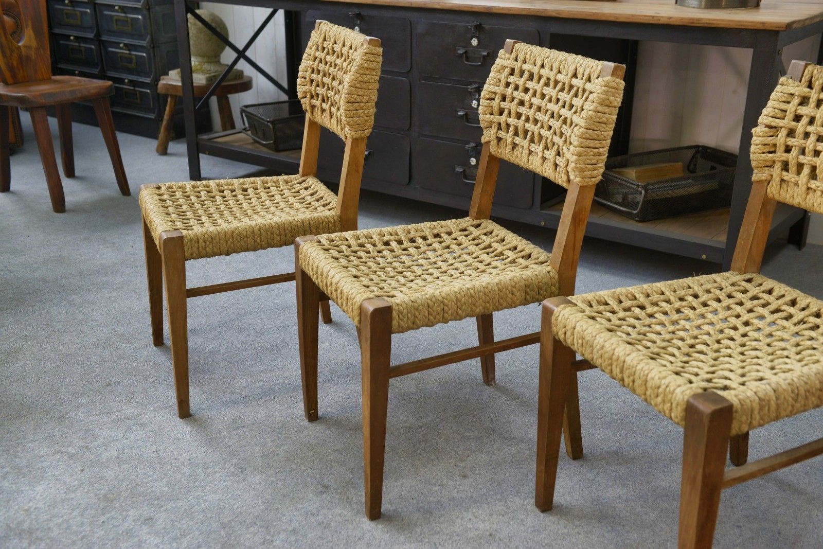 Set Of 6 Woven Rope Chairs By Adrien Audoux & Frida Minet 1940's photo Furniture