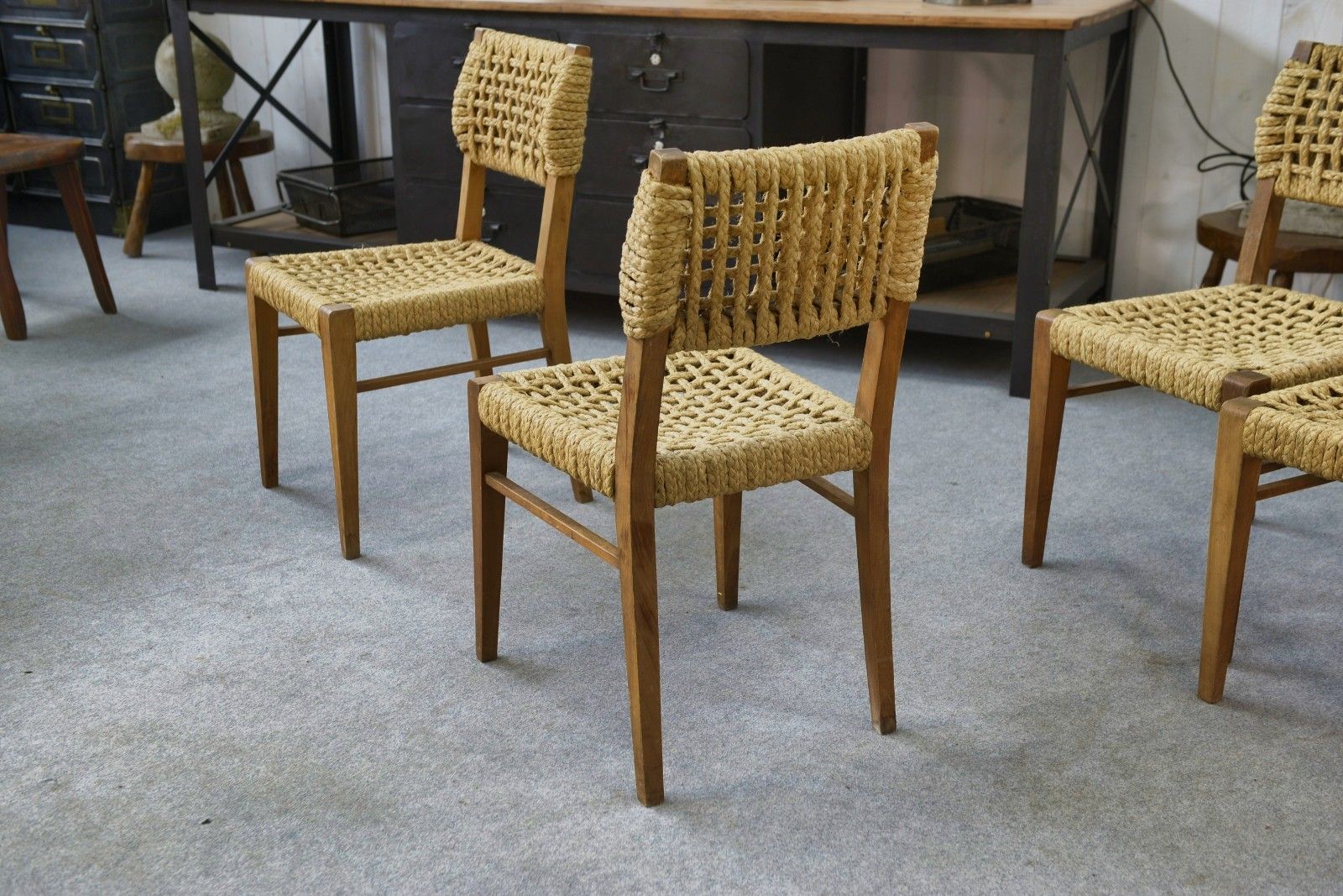 photo buy Set Of 6 Woven Rope Chairs By Adrien Audoux & Frida Minet 1940's
