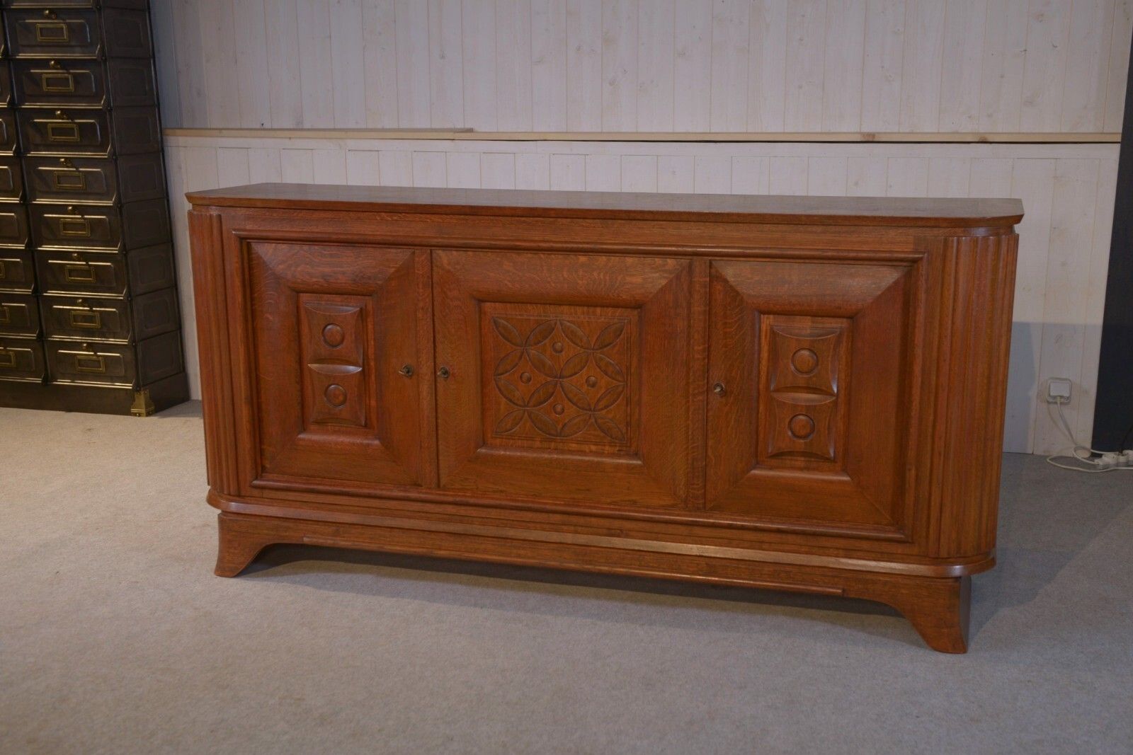 1950's Solid Oak 3 Door Sideboard Curved Feet photo vintage