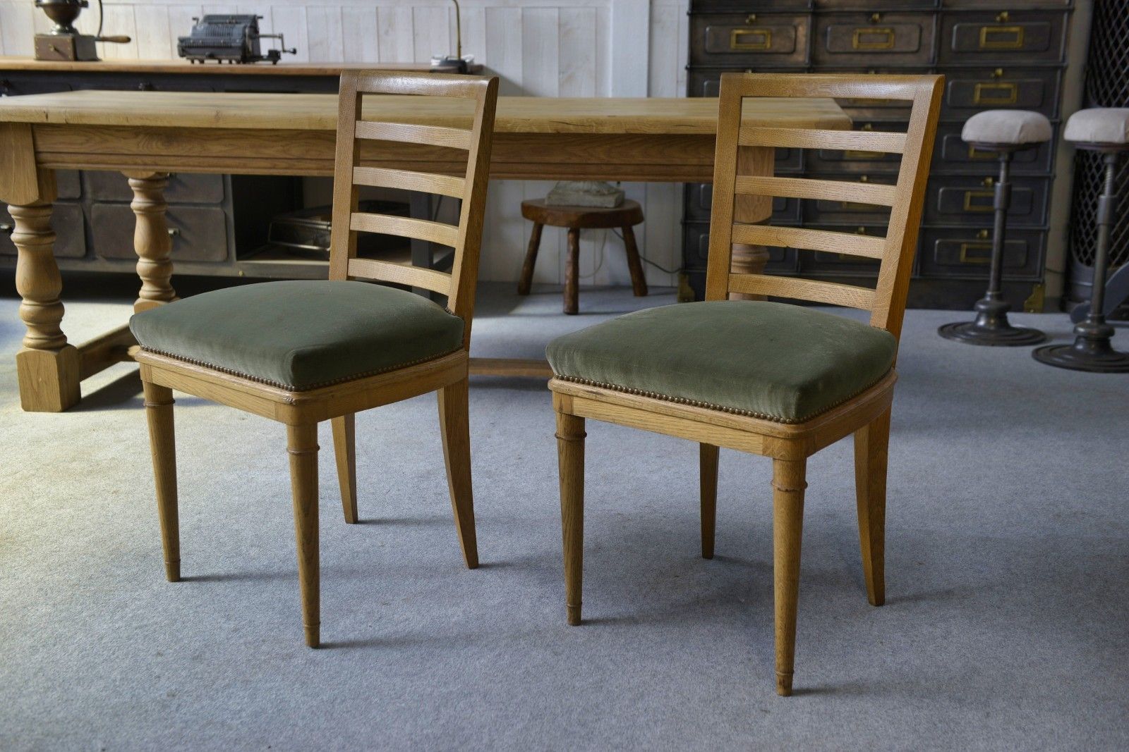 1940's Green Velvet Modern Chairs With Seats Pair