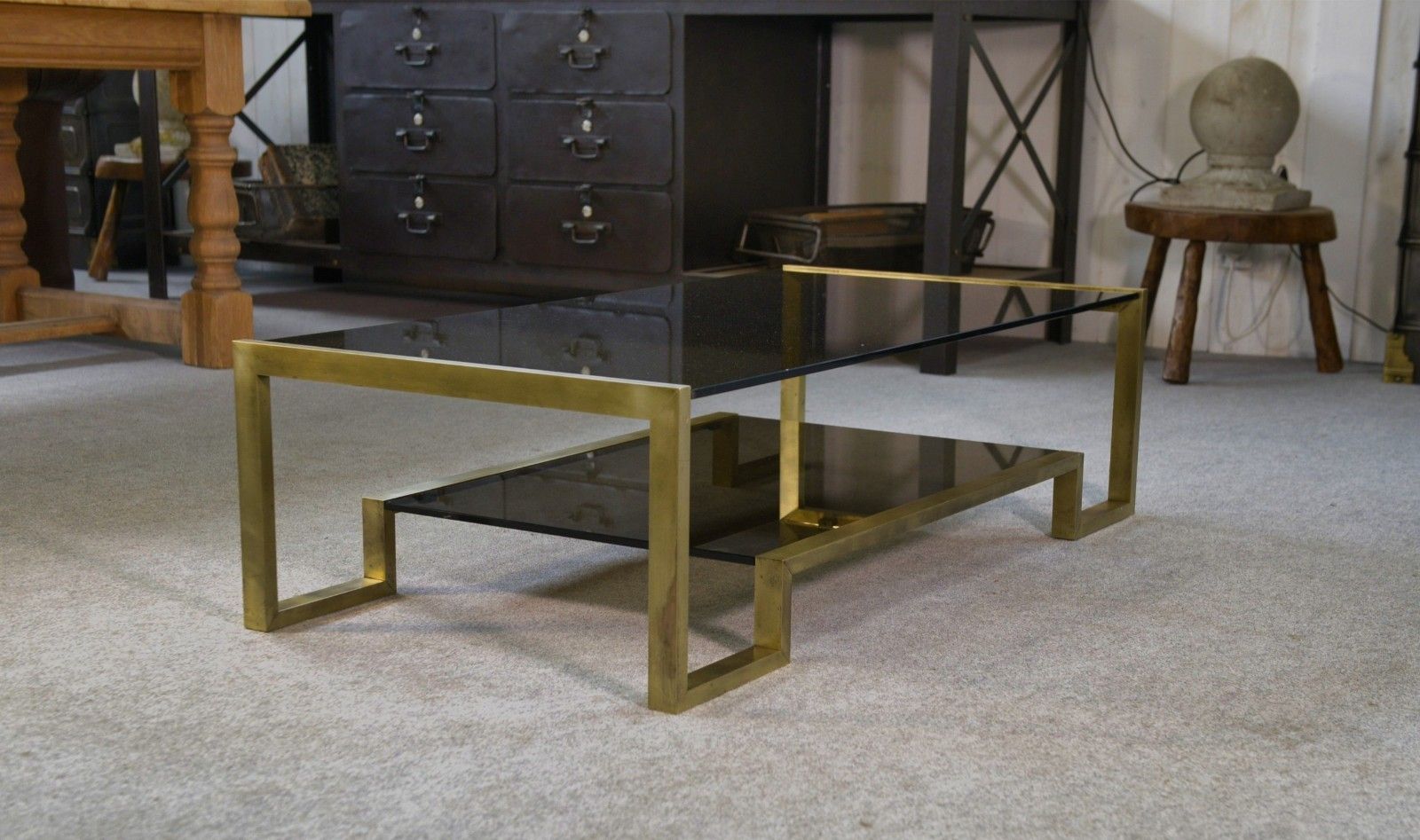 1970's Black Brass And Smoked Glass Structure Design Coffee Table photo furniture