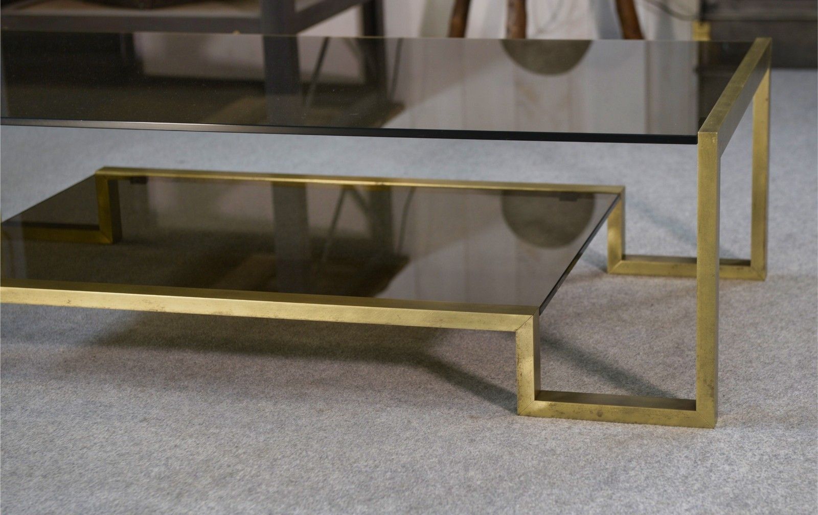 photo furniture 1970's Black Brass And Smoked Glass Structure Design Coffee Table
