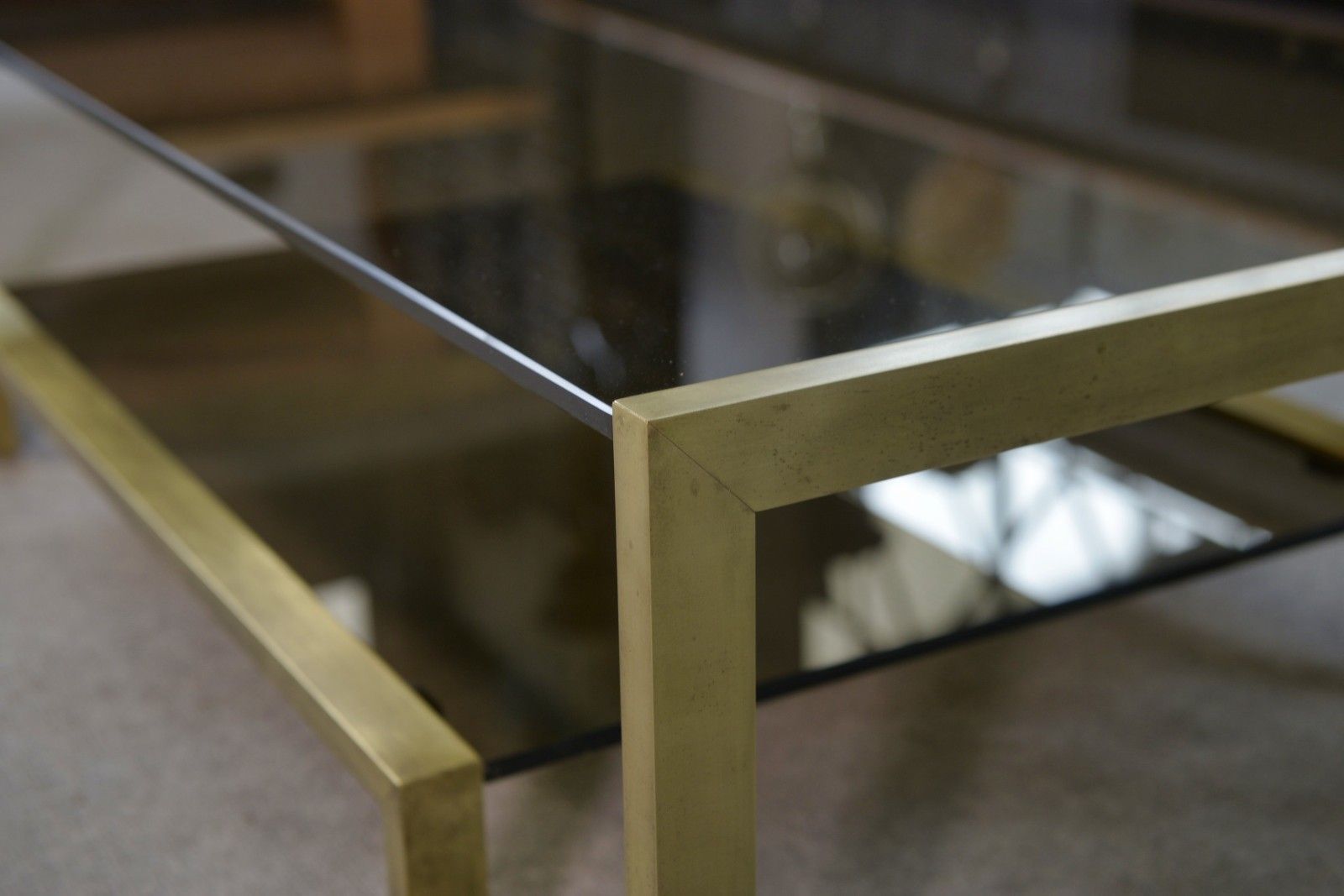 photo for sale 1970's Black Brass And Smoked Glass Structure Design Coffee Table