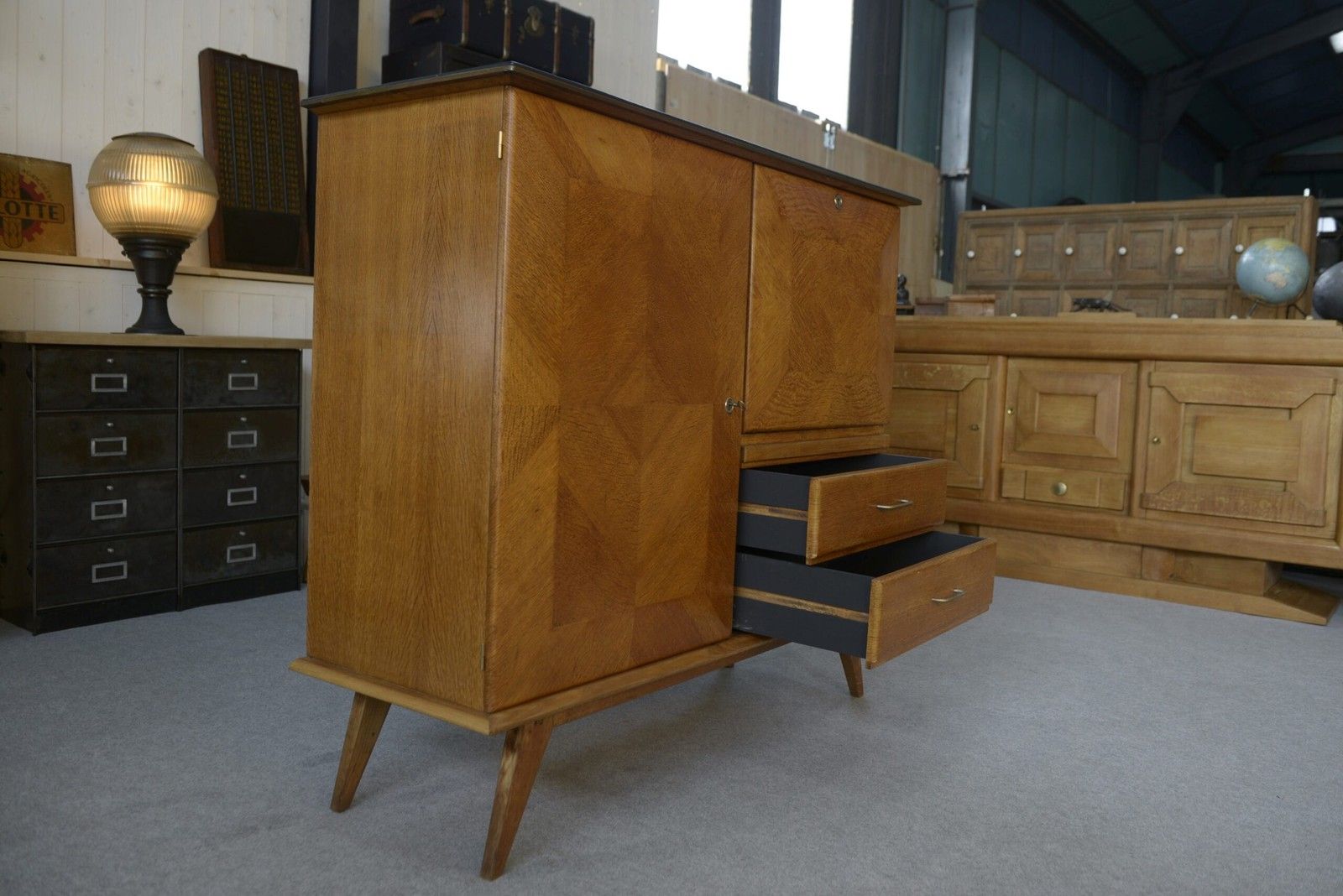 Oak Secretary Sideboard With Leather Top And Compass Feet 1960's photo Furniture