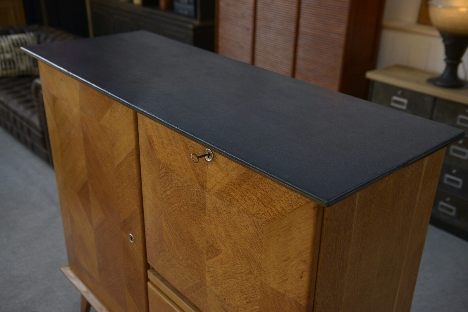 Oak Secretary Sideboard With Leather Top And Compass Feet 1960's photo vinterior