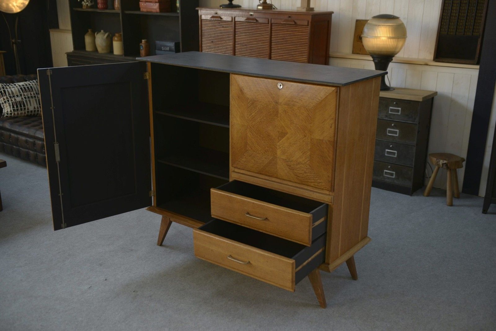 Oak Secretary Sideboard With Leather Top And Compass Feet 1960's photo vintage