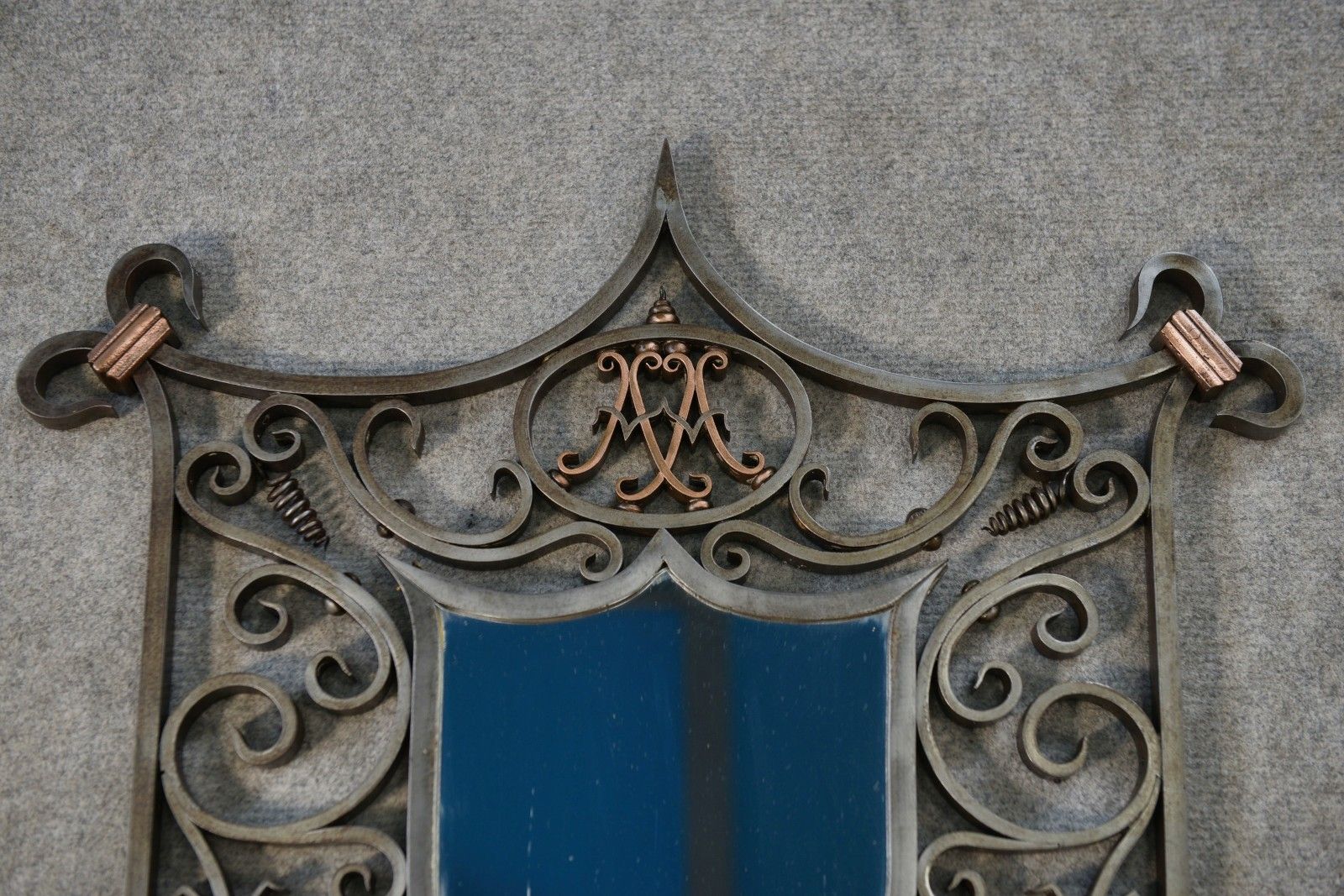 Antique Wrought Iron And Copper Turned Mirror Coat Of Arms Base 19th Century photo furniture