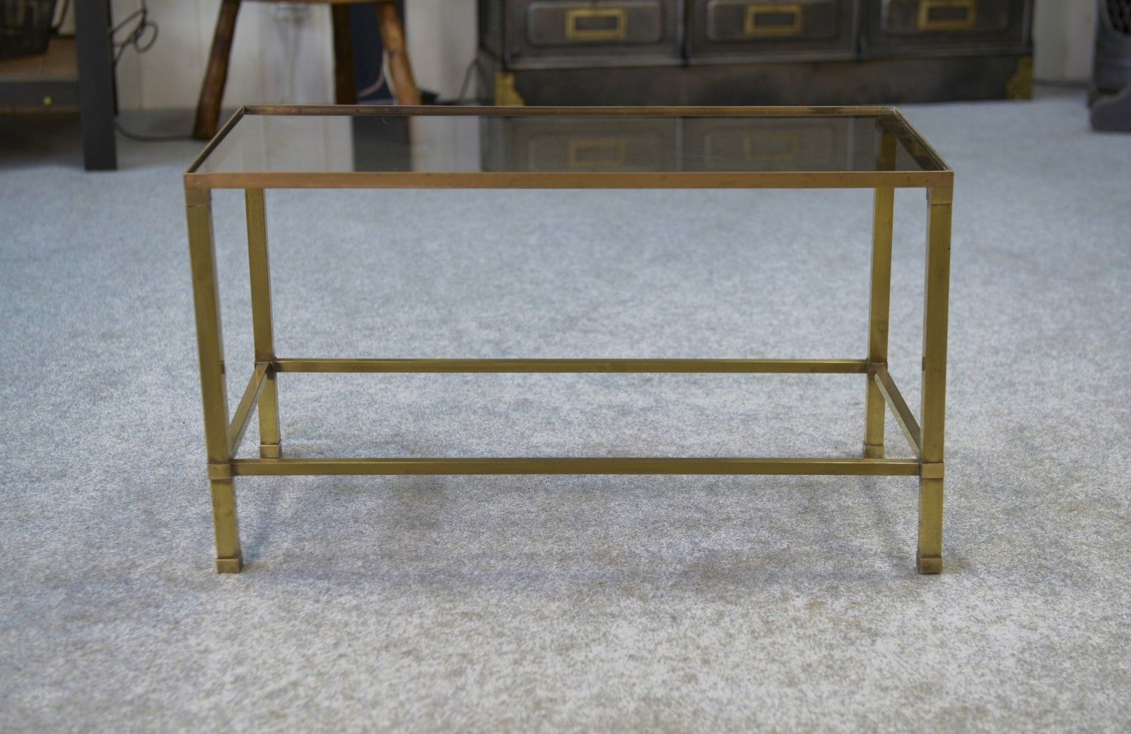 photo for sale 1950's Brass And Smoked Glass Coffee Table