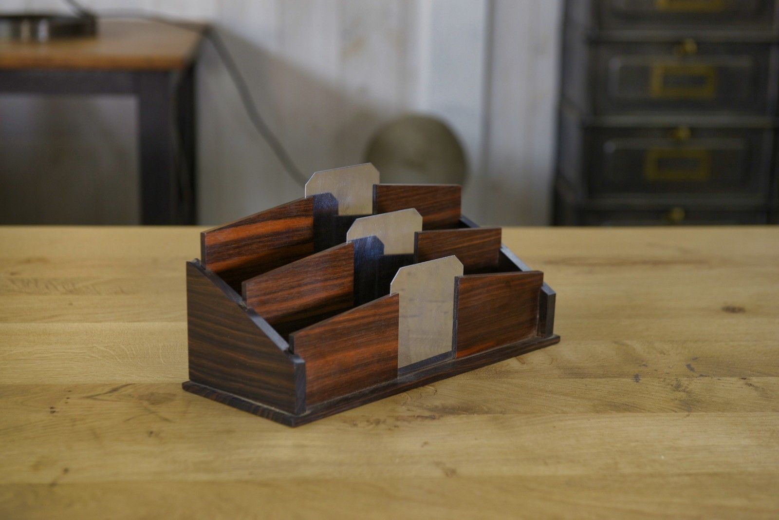 1930's Art Deco Polished Stainless Steel Rosewood Letter Holder