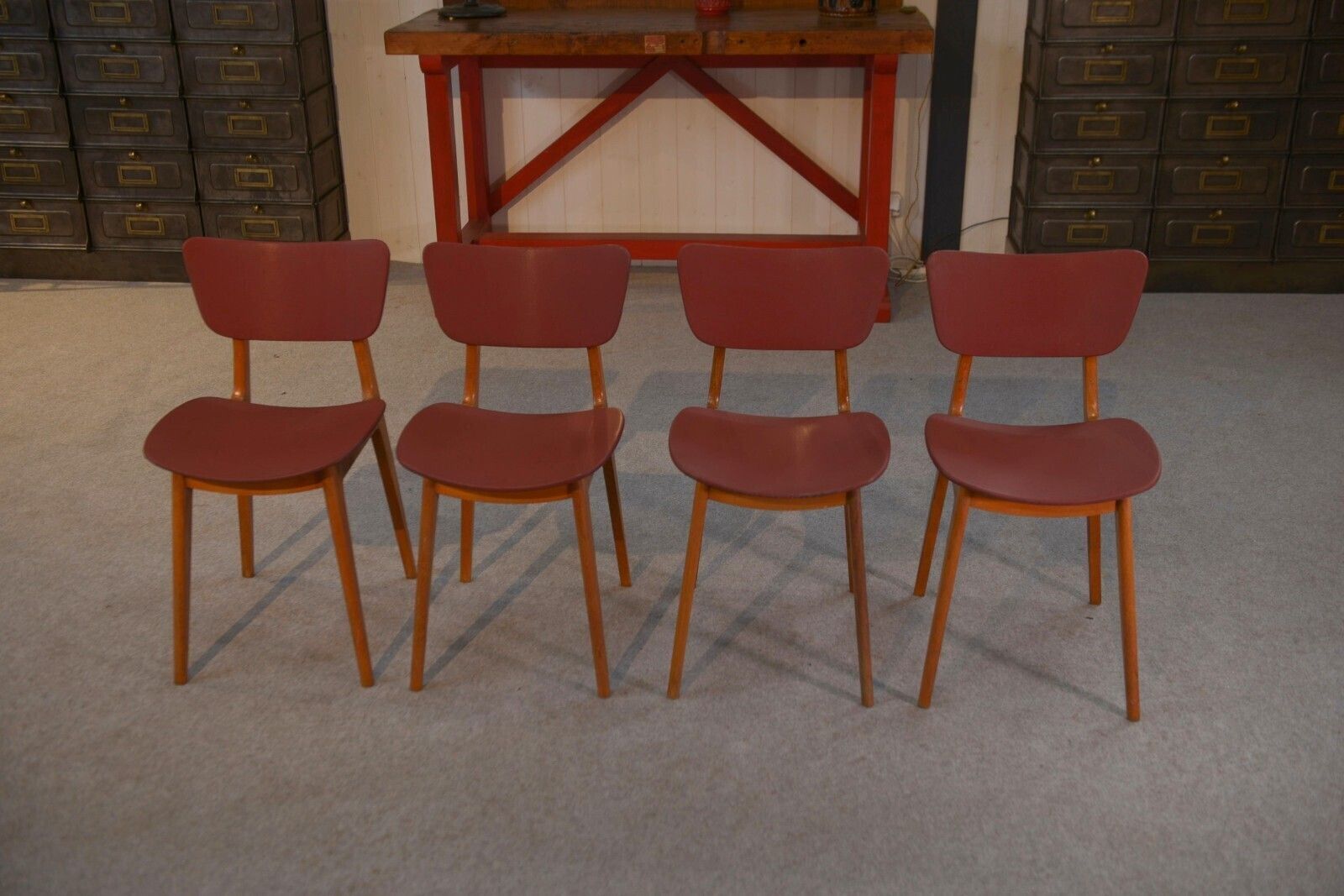 1960's Burgundy Oak And Skai Design 4 Chairs Set